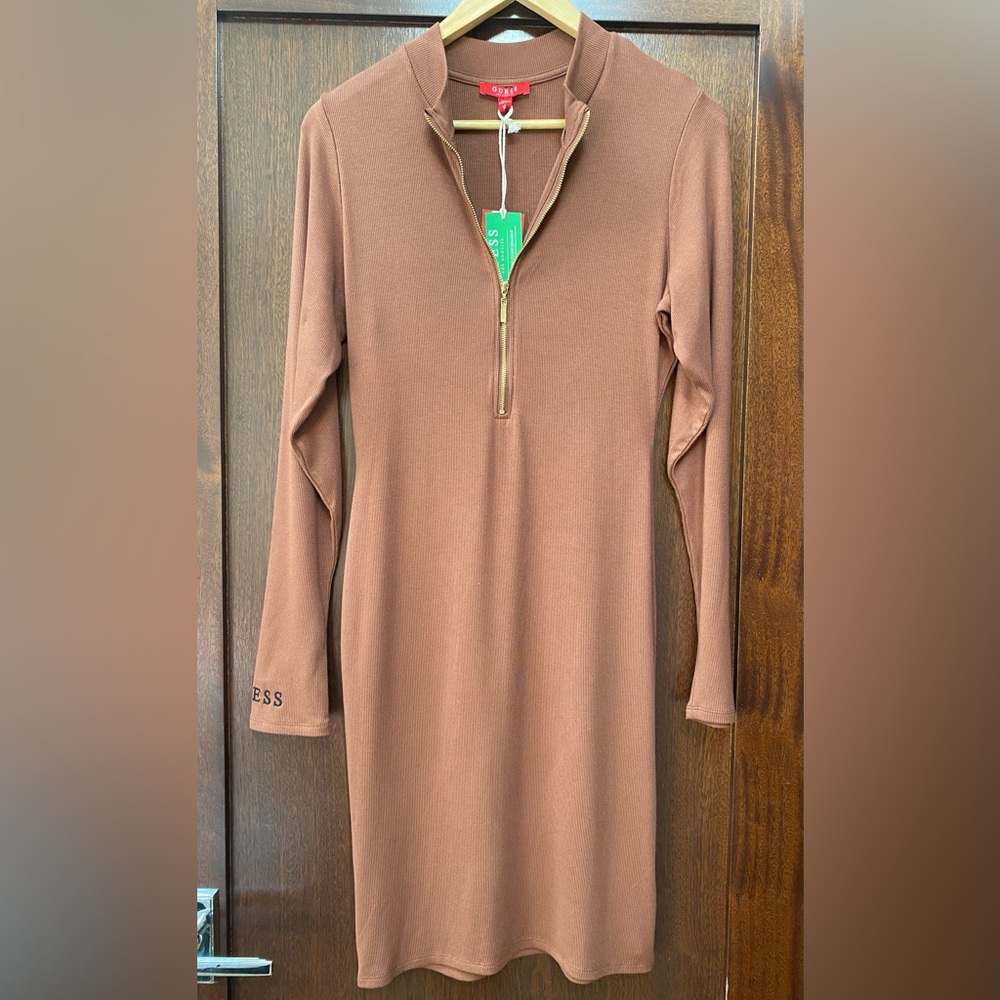 NWT Guess gold zip front midi dress in brown. Guess logo on sleeves.